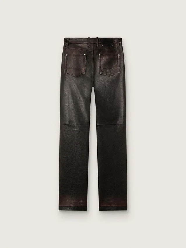 Damskie spodnie z ciemnobordowej skóry nappa z wykończeniem w stylu vintage