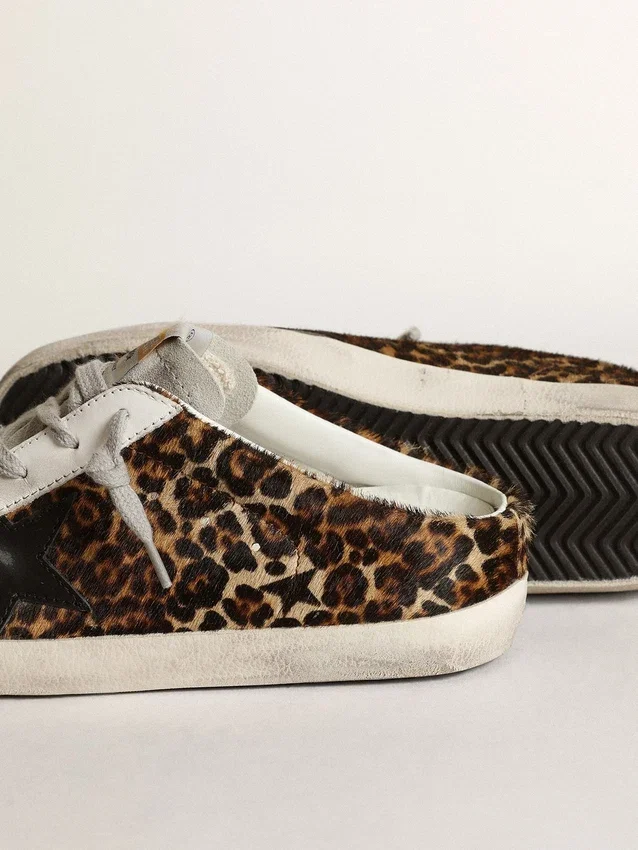 Damskie Super-Star Sabot z skóry kucyka w panterkę z czarną gwiazdą