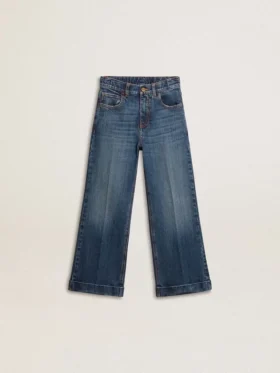 Dżinsy dla dziewczynek o kroju bootcut, w średnim odcieniu i z haftem