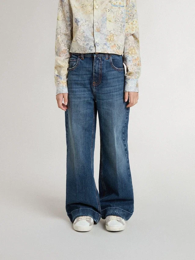 Dżinsy dla dziewczynek o kroju bootcut, w średnim odcieniu i z haftem