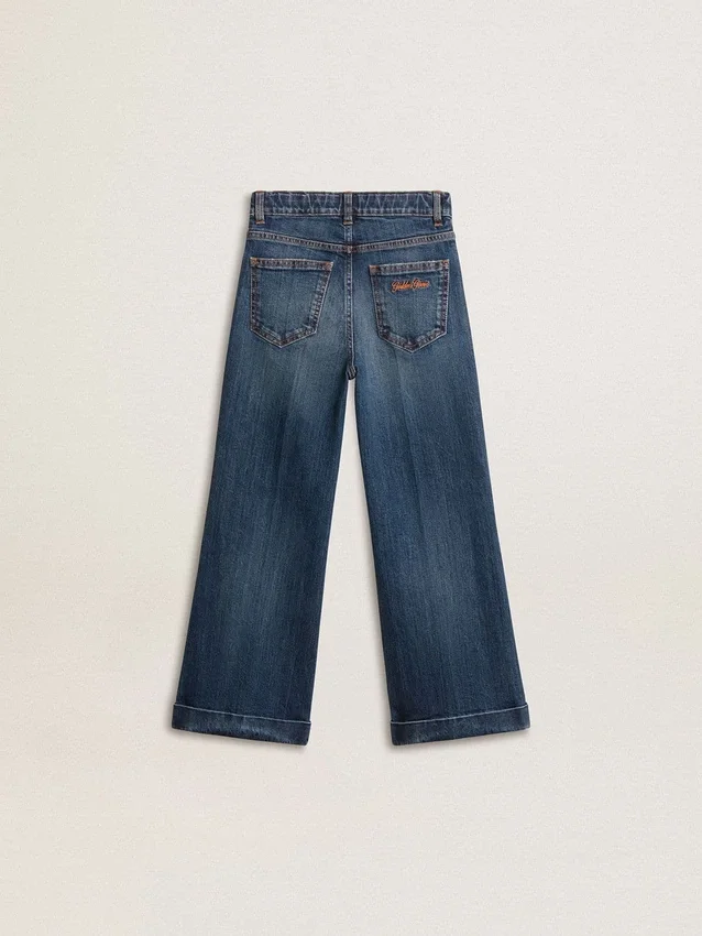 Dżinsy dla dziewczynek o kroju bootcut, w średnim odcieniu i z haftem