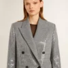 Dwurzędowa wełniana kurtka w stylu boyfriend z mikrowzorem w pepitkę i cekinami