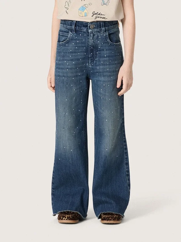 Dziewczynkowe dżinsy typu bootcut z niebieskiego denimu z cyrkoniami w stylu gradientowym