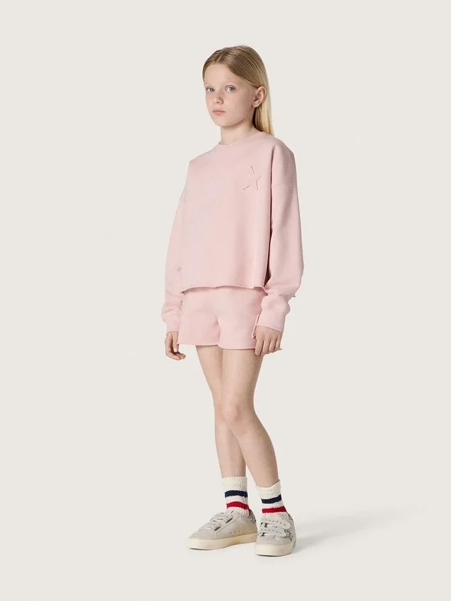 Krótka bluza dziewczynkowa „Star” z różowej bawełny z naszywką i logo