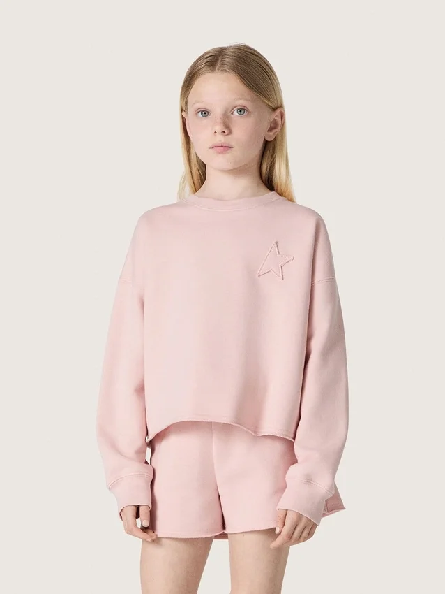 Krótka bluza dziewczynkowa „Star” z różowej bawełny z naszywką i logo