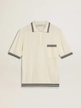 Męska koszulka polo z dzianiny w stylu „worn-white” z niebieskimi ściągaczami