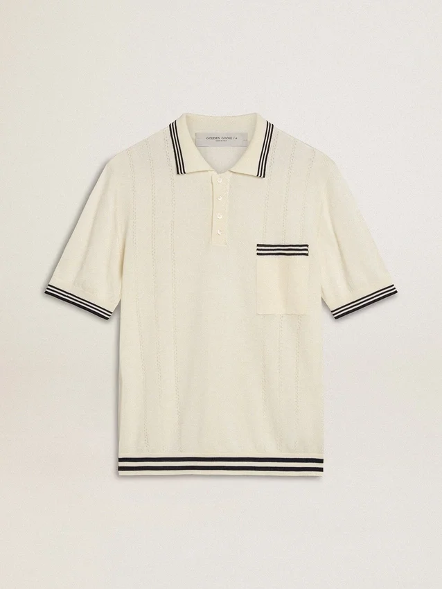 Męska koszulka polo z dzianiny w stylu „worn-white” z niebieskimi ściągaczami
