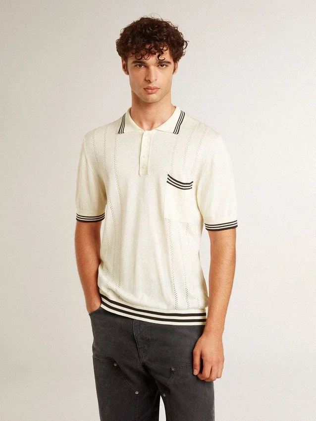 Męska koszulka polo z dzianiny w stylu „worn-white” z niebieskimi ściągaczami