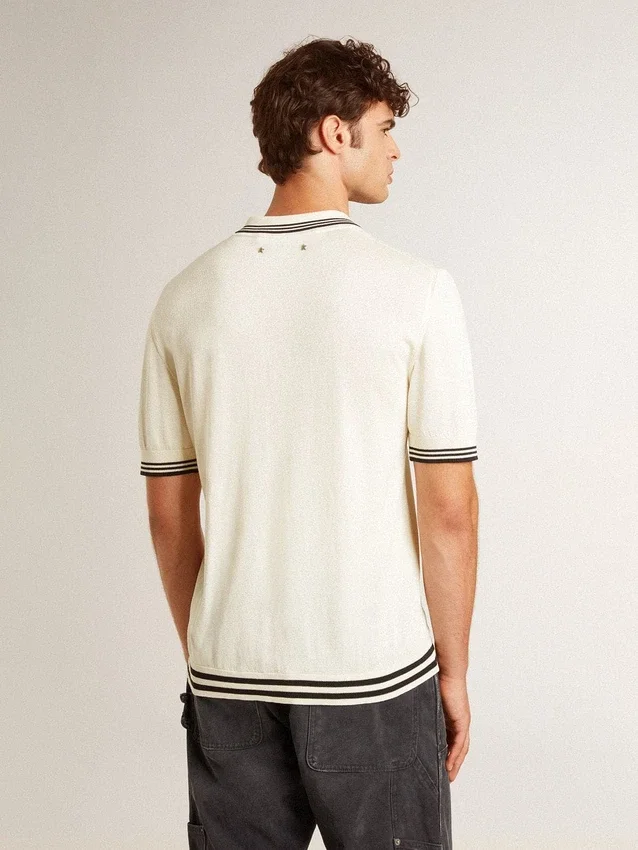 Męska koszulka polo z dzianiny w stylu „worn-white” z niebieskimi ściągaczami