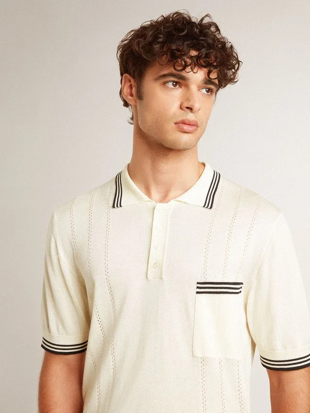 Męska koszulka polo z dzianiny w stylu „worn-white” z niebieskimi ściągaczami