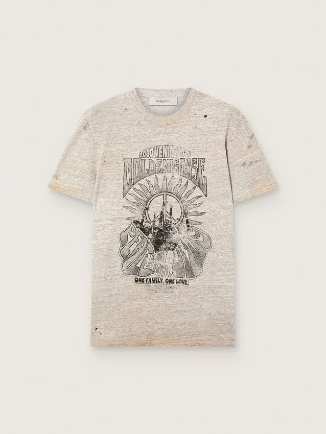 Męska koszulka z szarego dżerseju melanżowego z nadrukiem w stylu vintage
