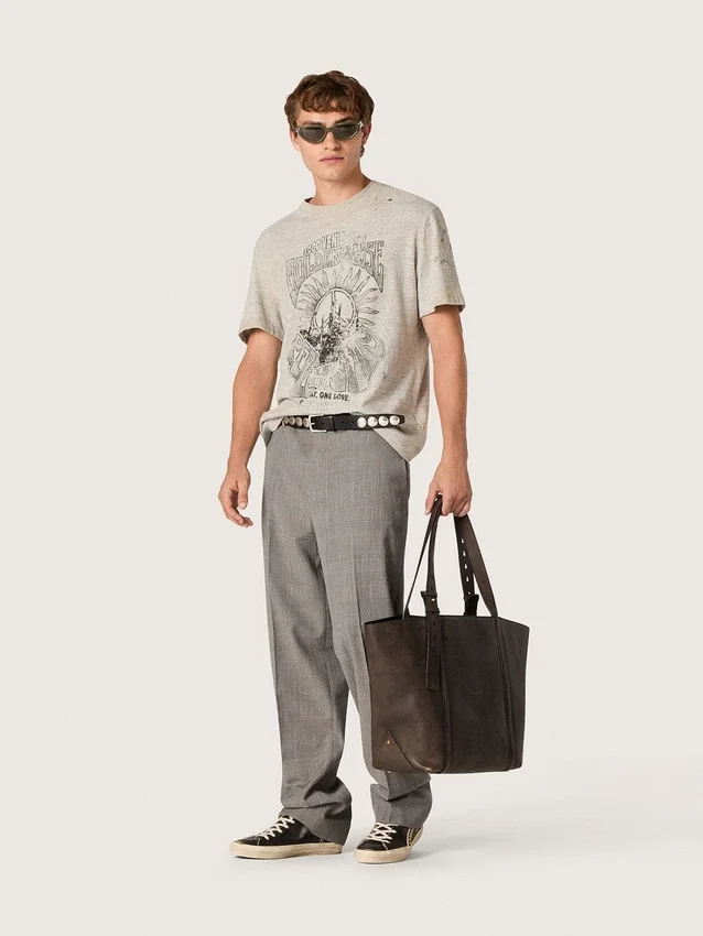 Męska koszulka z szarego dżerseju melanżowego z nadrukiem w stylu vintage
