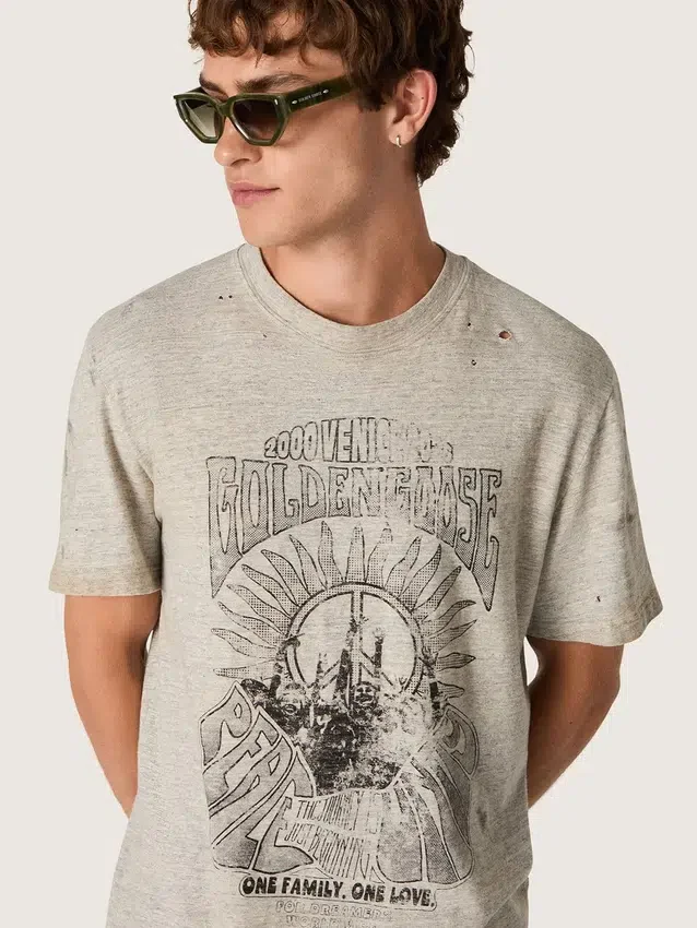 Męska koszulka z szarego dżerseju melanżowego z nadrukiem w stylu vintage