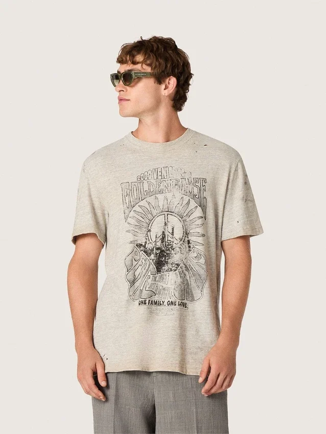 Męska koszulka z szarego dżerseju melanżowego z nadrukiem w stylu vintage