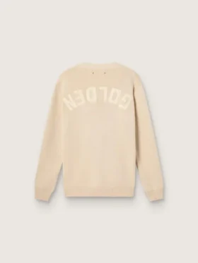 Męski beżowy sweter rozpinany z napisem „Golden” na plecach