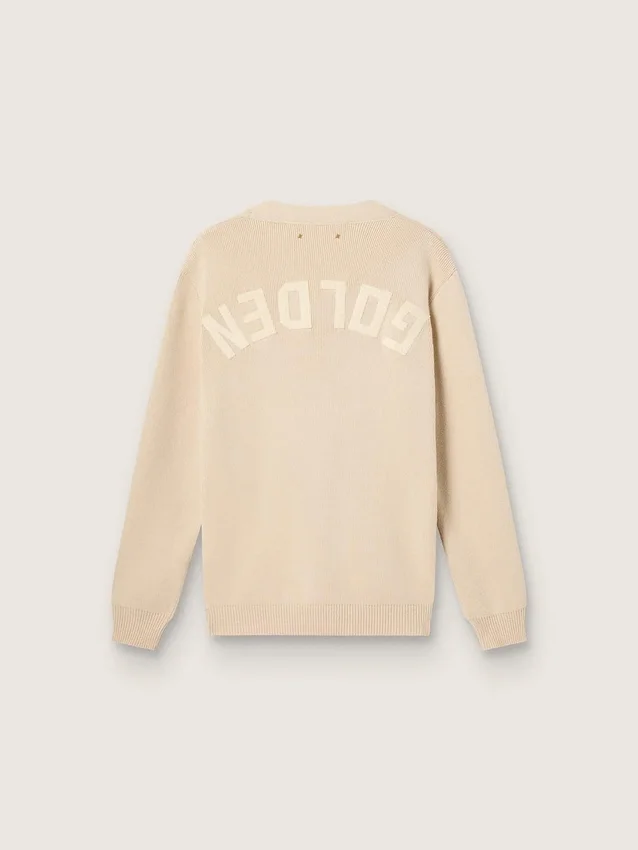 Męski beżowy sweter rozpinany z napisem „Golden” na plecach