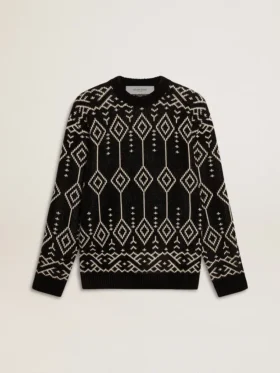 Męski sweter z mieszanki wełny z okrągłym dekoltem i wzorem argyle w technice żakardowej