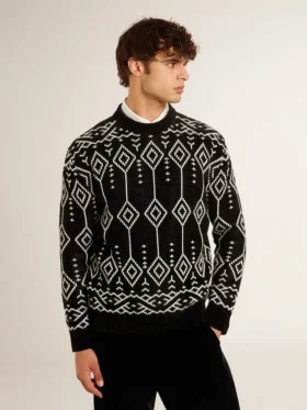 Męski sweter z mieszanki wełny z okrągłym dekoltem i wzorem argyle w technice żakardowej