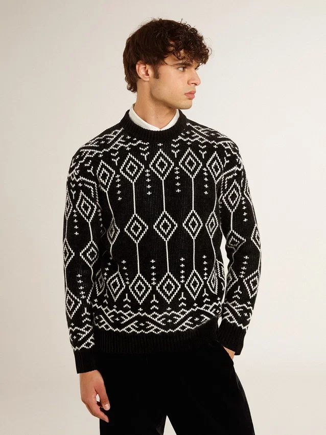 Męski sweter z mieszanki wełny z okrągłym dekoltem i wzorem argyle w technice żakardowej