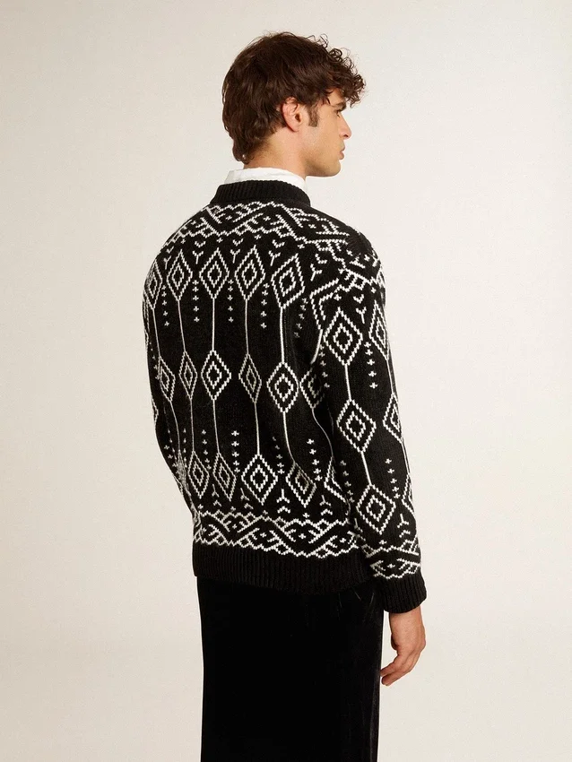 Męski sweter z mieszanki wełny z okrągłym dekoltem i wzorem argyle w technice żakardowej
