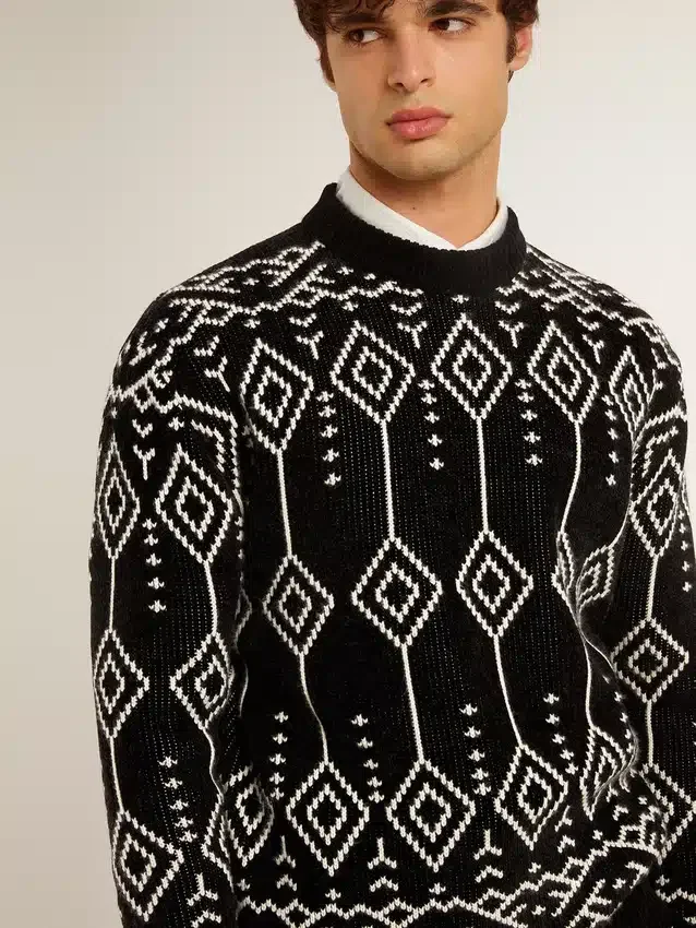 Męski sweter z mieszanki wełny z okrągłym dekoltem i wzorem argyle w technice żakardowej