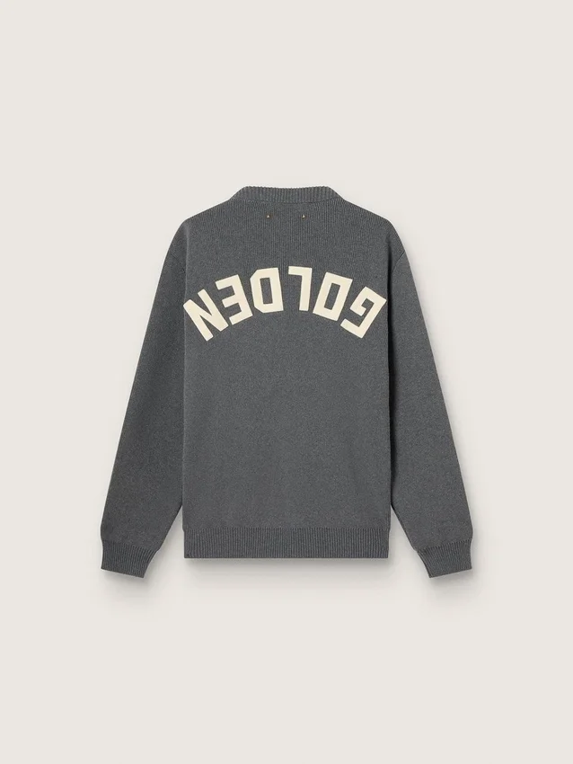 Męski sweter z okrągłym dekoltem z ciemnoszarej bawełny z logo z tyłu