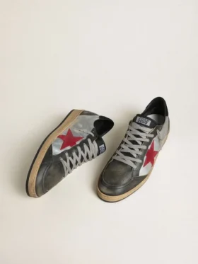 Męskie buty Ball Star LTD z laminowanej skóry w kolorze srebrnym z czerwoną zamszową gwiazdą i czarnymi wstawkami