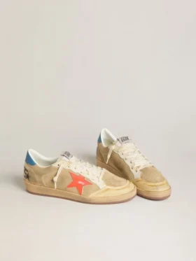 Męskie buty Ball Star z beżowego zamszu z koralową skórzaną gwiazdą i niebieską naszywką na pięcie z nappy