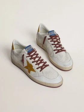 Męskie buty Ball Star z białej skóry nappa z żółtą gwiazdą ze skóry w zwierzęcy wzór oraz naszywką na pięcie