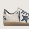 Męskie buty Ball Star z białej skóry z ciemnoniebieską skórzaną gwiazdą i srebrną, laminowaną skórzaną nasadką na pięcie