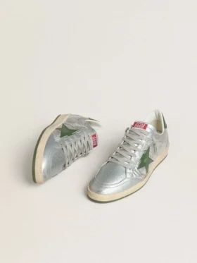 Męskie buty Ball Star z srebrnego nylonu z zieloną skórzaną gwiazdą i skórzaną wstawką na pięcie