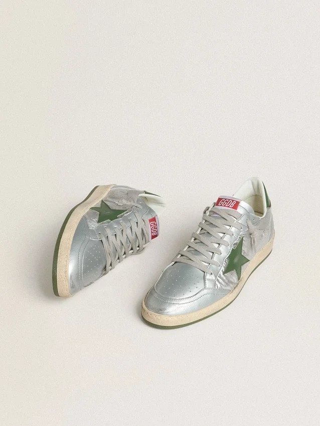Męskie buty Ball Star z srebrnego nylonu z zieloną skórzaną gwiazdą i skórzaną wstawką na pięcie