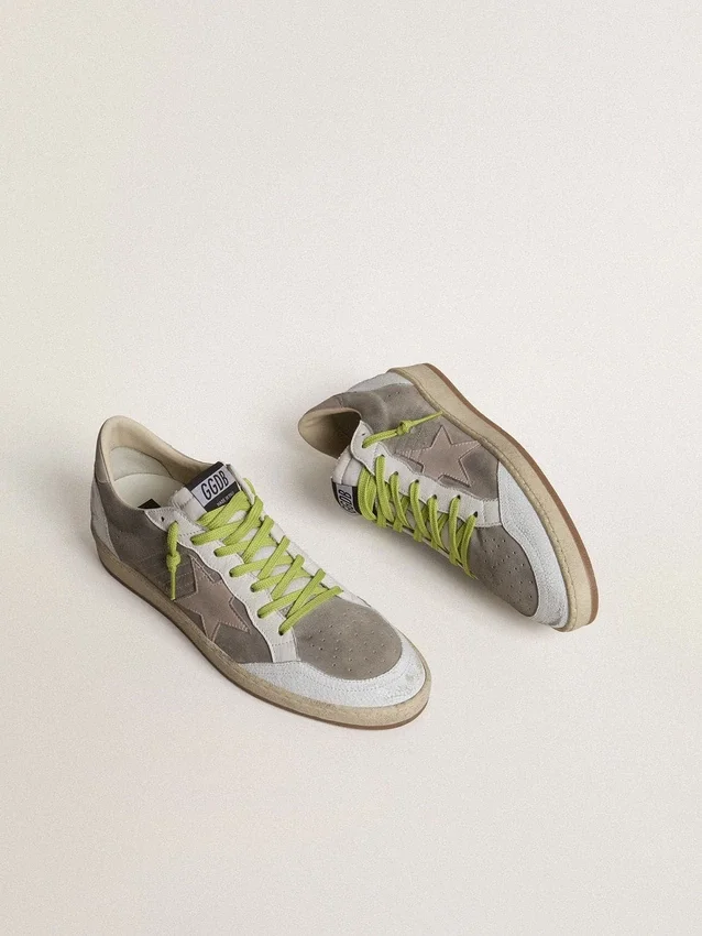 Męskie buty Ball Star z szarego zamszu z gwiazdą z zamszu w kolorze starej róży i beżową skórzaną wstawką na pięcie