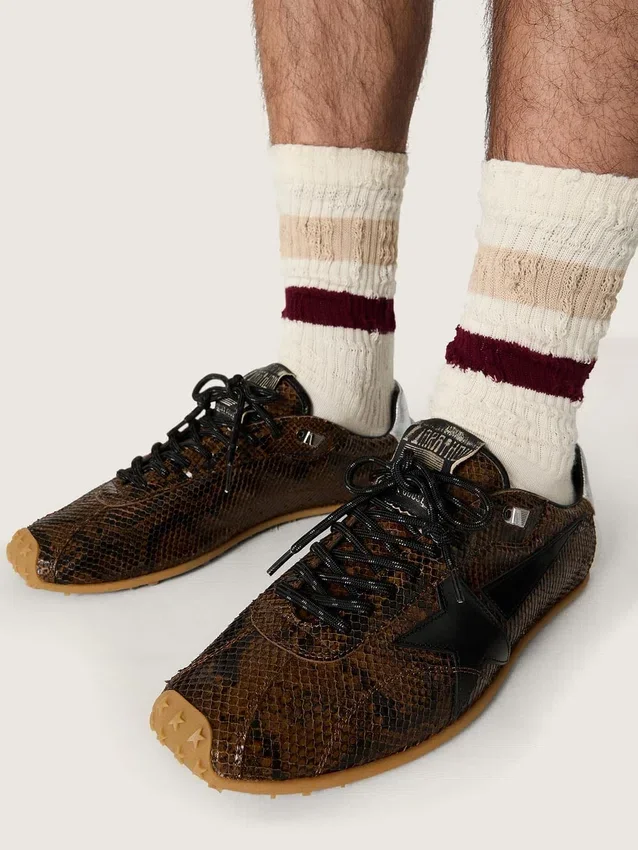 Męskie buty Marathon Speed ze skóry z brązowym nadrukiem wężowej skóry, czarną gwiazdą i srebrną skórzaną naszywką na pięcie