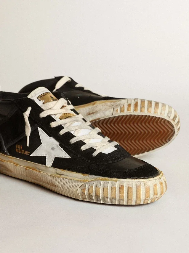 Męskie buty Mid Star z czarnej skóry nappa i zamszu z białą skórzaną gwiazdą
