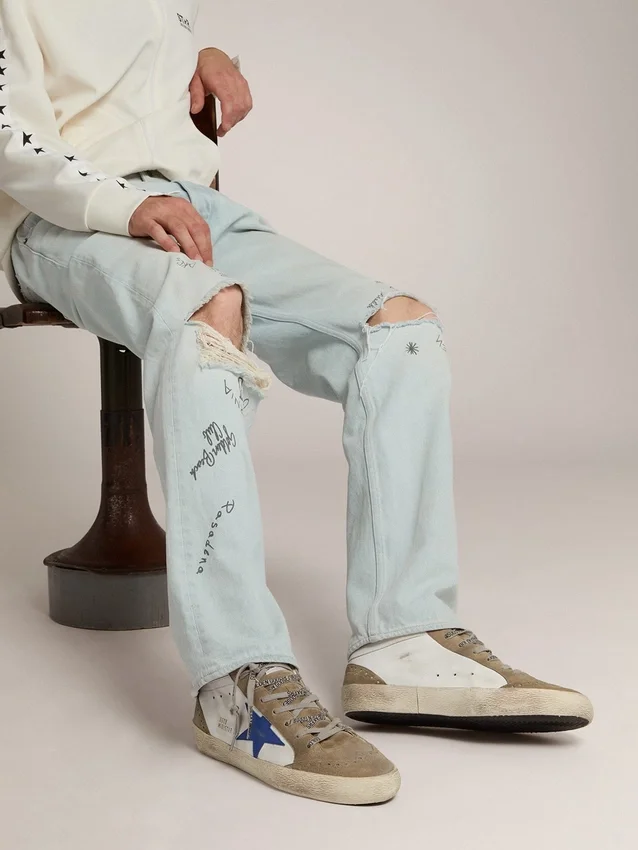 Męskie buty Mid Star z niebieską skórzaną gwiazdą i wstawkami z zamszu w kolorze gołębiej szarości