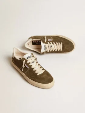Męskie buty Soul Star z zielonego zamszu z białą skórzaną wstawką na pięcie i języku
