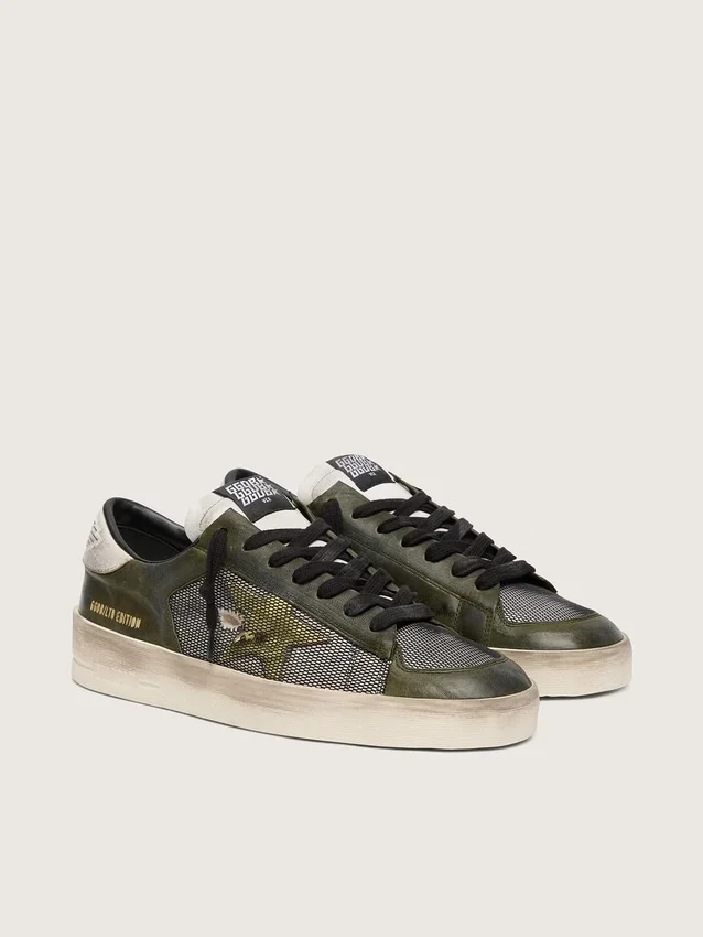 Męskie buty Stardan LTD z białej i oliwkowo-zielonej skóry z czarną siateczką i żółtą skórzaną gwiazdką