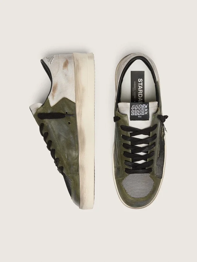 Męskie buty Stardan LTD z białej i oliwkowo-zielonej skóry z czarną siateczką i żółtą skórzaną gwiazdką