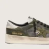 Męskie buty Stardan LTD z białej i oliwkowo-zielonej skóry z czarną siateczką i żółtą skórzaną gwiazdką
