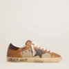 Męskie buty Super-Star LTD z beżowej wełny z brązową skórzaną gwiazdą i wstawkami w kolorze camelowym