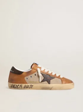 Męskie buty Super-Star LTD z beżowej wełny z brązową skórzaną gwiazdą i wstawkami w kolorze camelowym