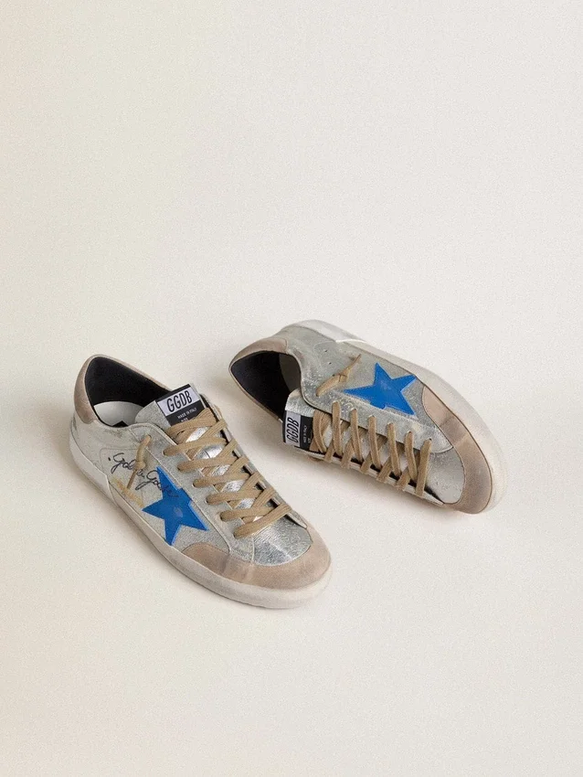 Męskie buty Super-Star LTD z metalicznego srebrnego zamszu z skórzaną gwiazdą i zamszową wstawką na pięcie