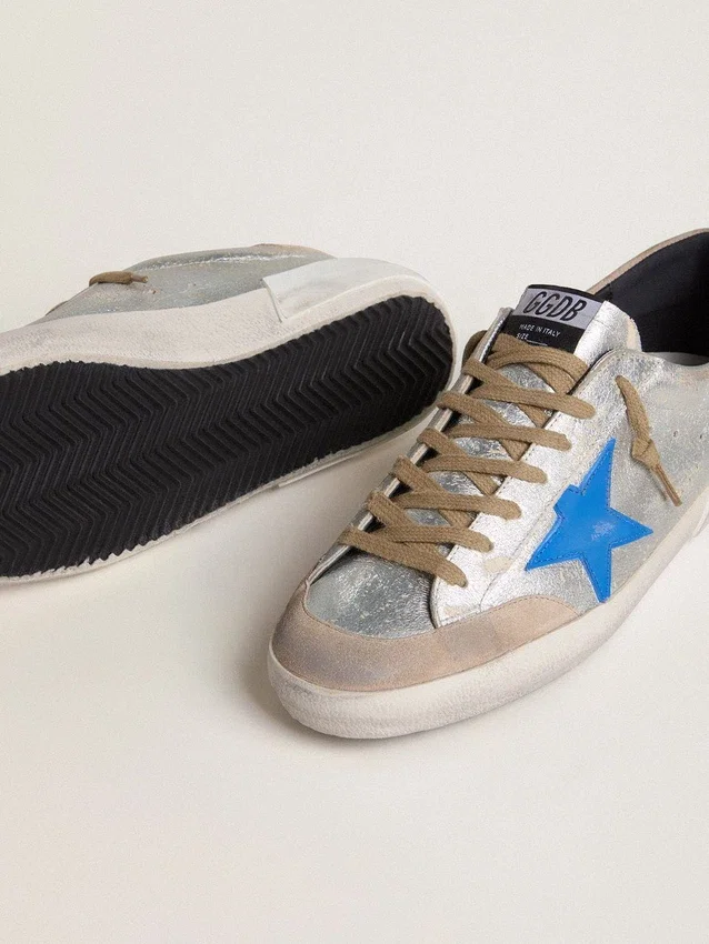 Męskie buty Super-Star LTD z metalicznego srebrnego zamszu z skórzaną gwiazdą i zamszową wstawką na pięcie