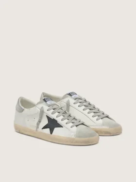 Męskie buty Super-Star z białej skóry z czarną gwiazdą z nubuku i srebrną metaliczną skórzaną wstawką na pięcie