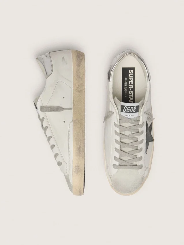 Męskie buty Super-Star z białej skóry z czarną gwiazdą z nubuku i srebrną metaliczną skórzaną wstawką na pięcie