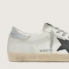 Męskie buty Super-Star z białej skóry z czarną gwiazdą z nubuku i srebrną metaliczną skórzaną wstawką na pięcie