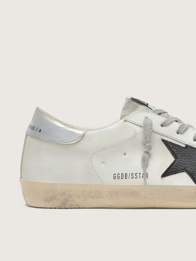Męskie buty Super-Star z białej skóry z czarną gwiazdą z nubuku i srebrną metaliczną skórzaną wstawką na pięcie