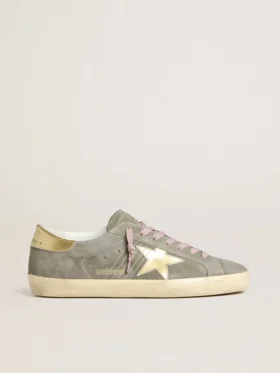 Męskie buty Super-Star z szarego zamszu ze złotą metaliczną skórzaną gwiazdą i wstawką na pięcie