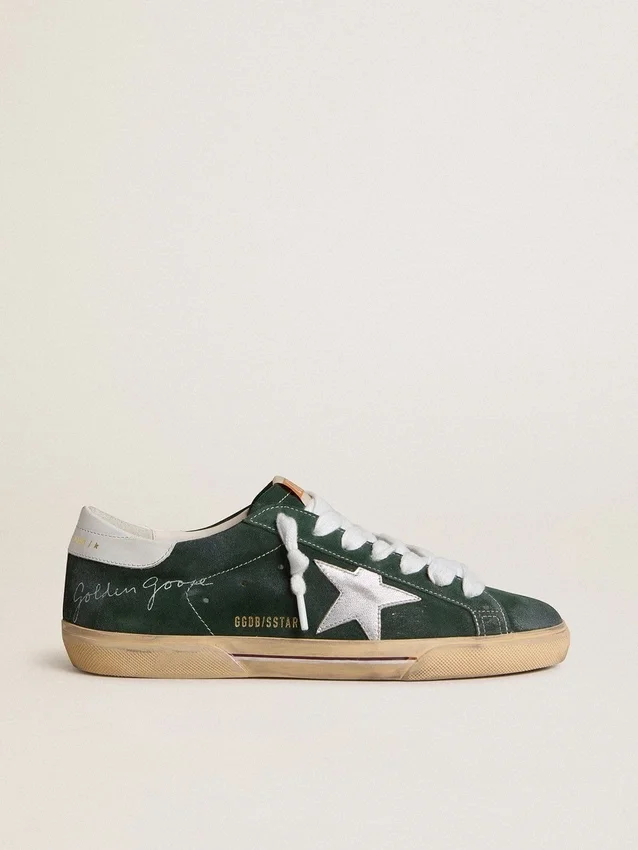 Męskie buty Super-Star z zielonego zamszu ze srebrną metaliczną gwiazdą ze skóry i skórzaną wstawką na pięcie